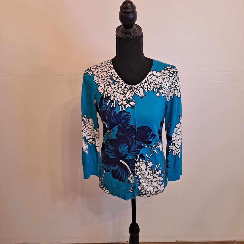 Talbots Women's Sweater Blue Floral Size Small 3/4 Sleeve Cotton Blend